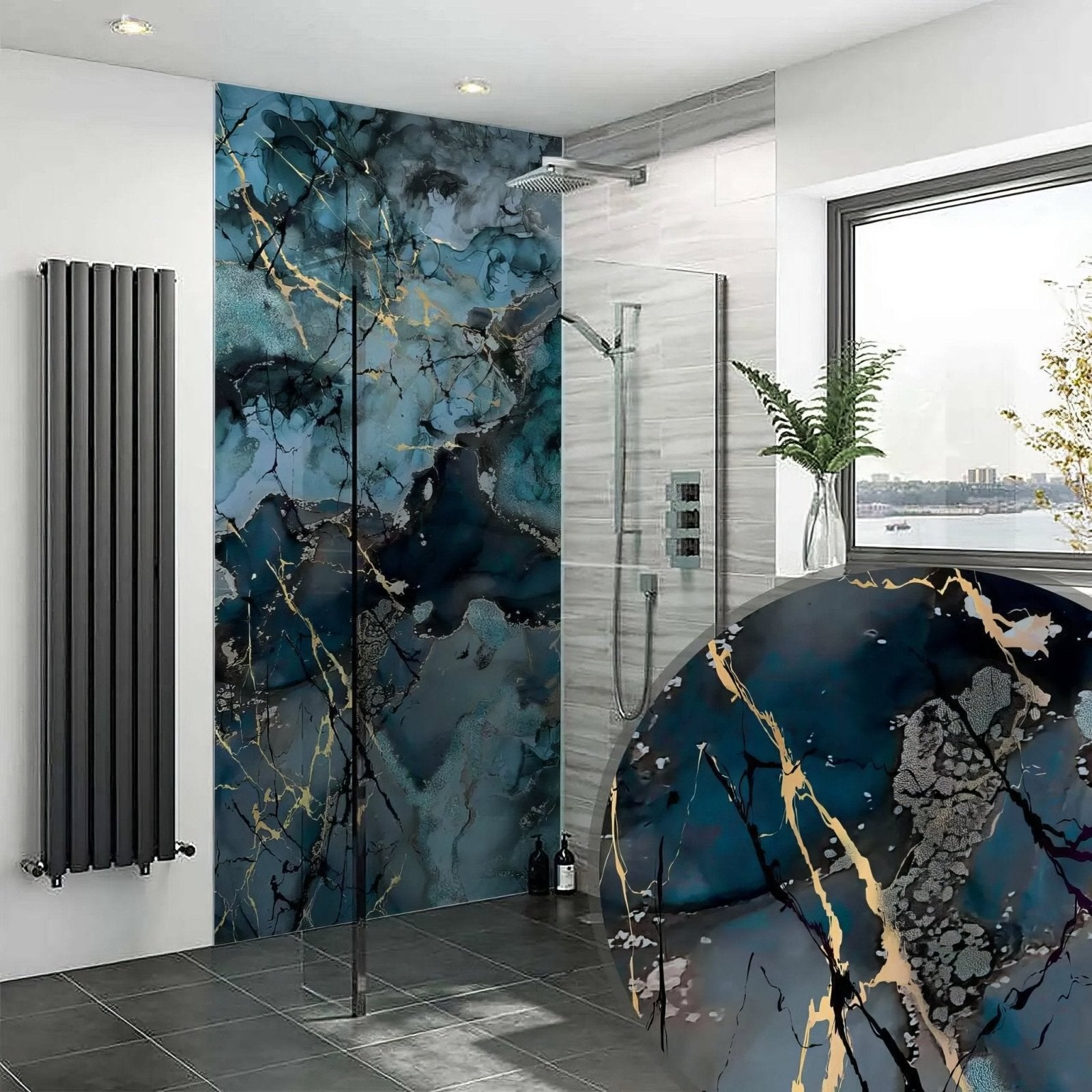Grey blue gold fluid marble shower panel with blue and gold marble-patterned wall design and sleek modern style