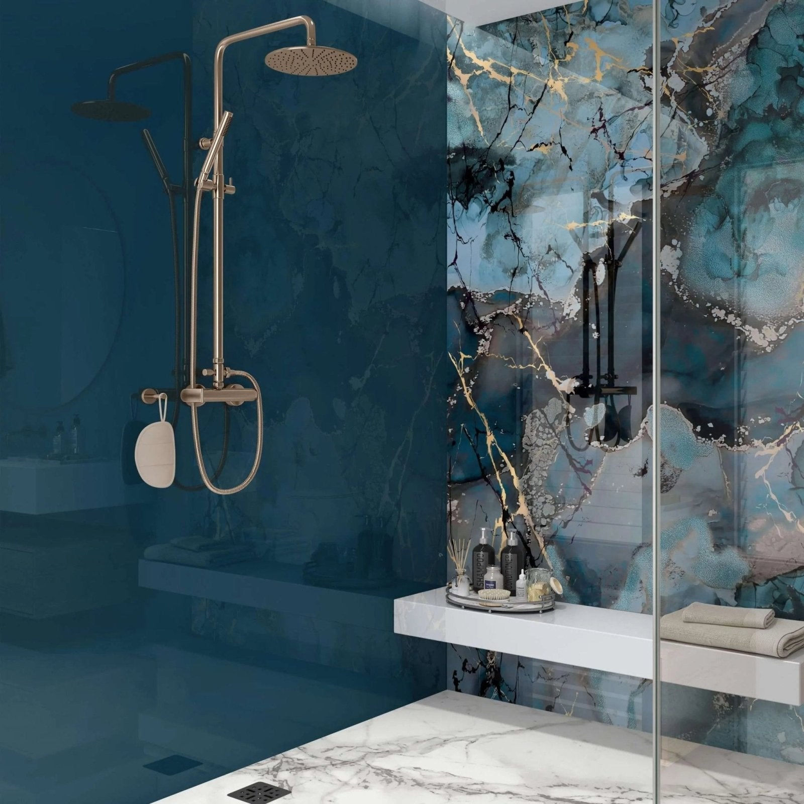 Grey Blue Gold Fluid Marble Shower Panel blue and gold marble-patterned panel with a brushed brass showerhead