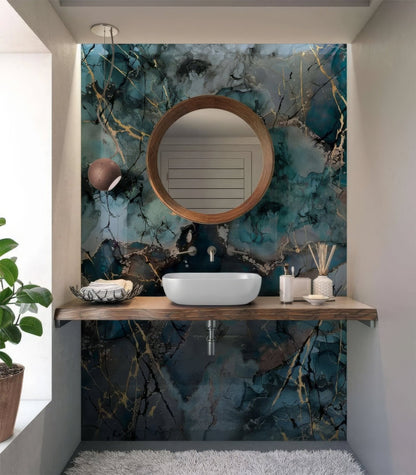 Grey Blue Gold Fluid Marble Shower Panel