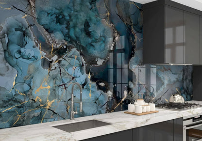 Grey Blue Gold Fluid Marble Shower Panel