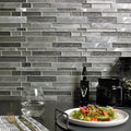 Grey glass and metal mix offset linear mosaic with silver metallic glass backsplash and brushed reflective finish