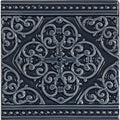 Dark gray ceramic tile grosvenor on ascot blue with intricate raised scrollwork design and beaded border