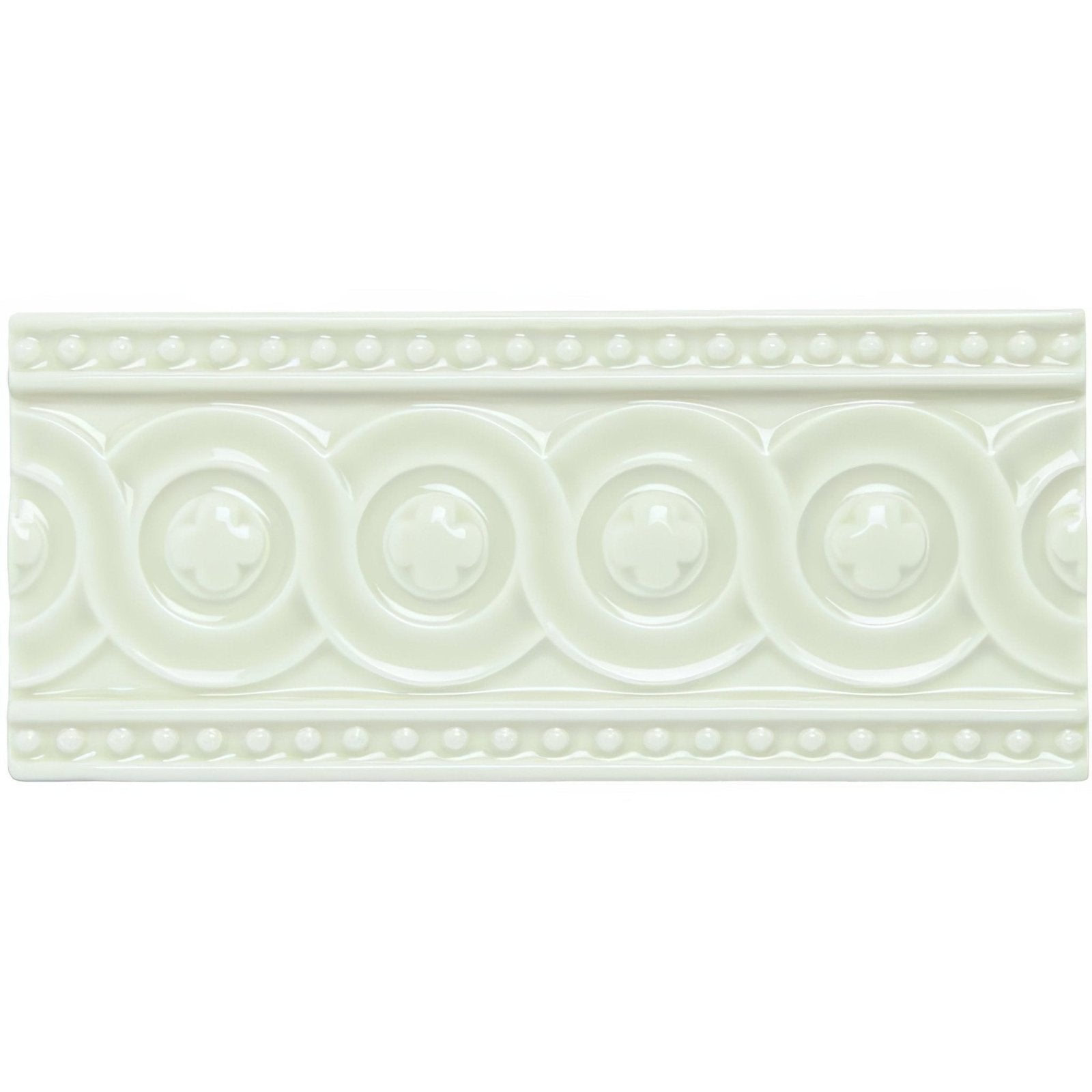 Cream-colored ceramic tile hadleigh baroque with elegant raised circular medallions and beaded borders pattern