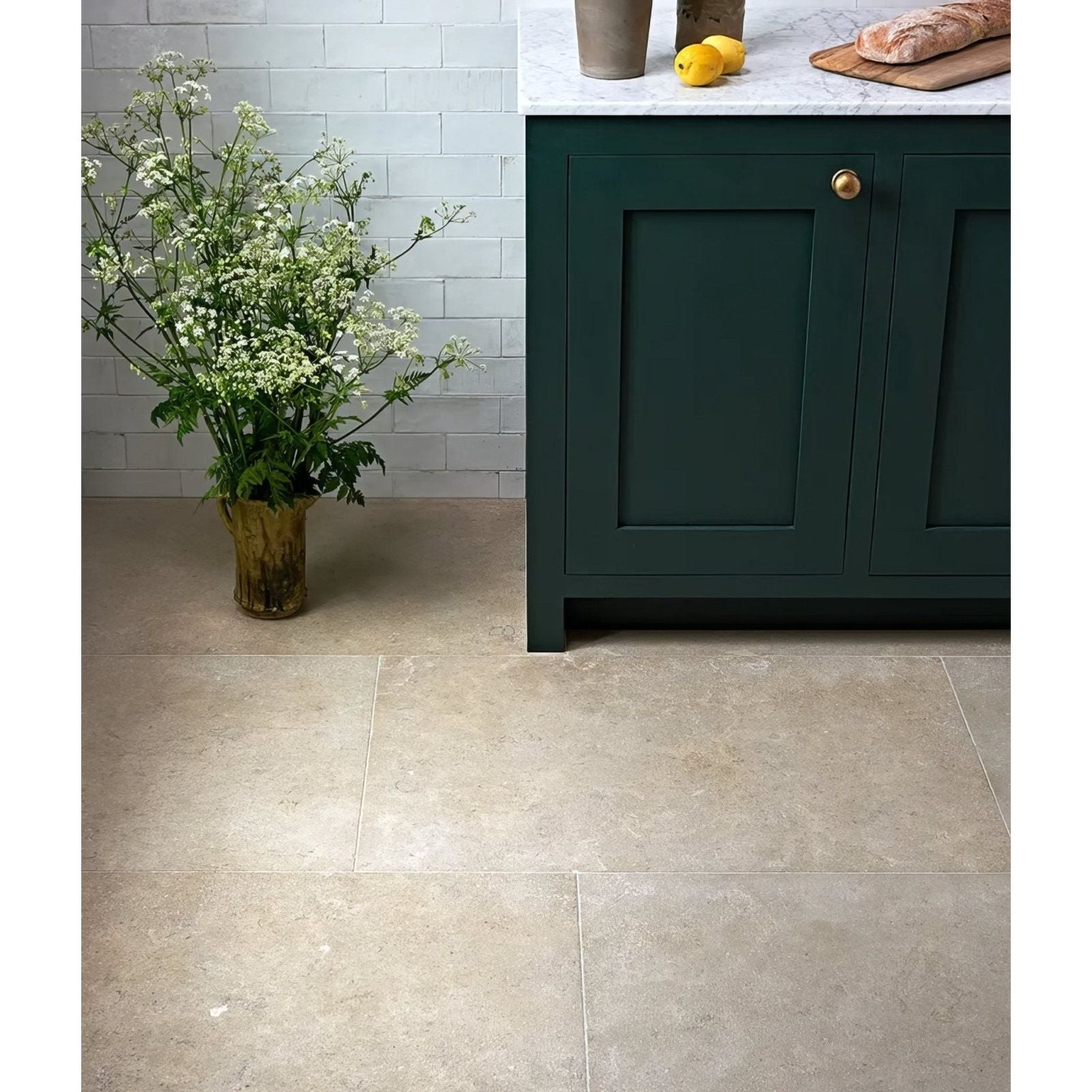 Beige wychwood limestone floor tiles with velvet finish and subtle natural stone-effect veining