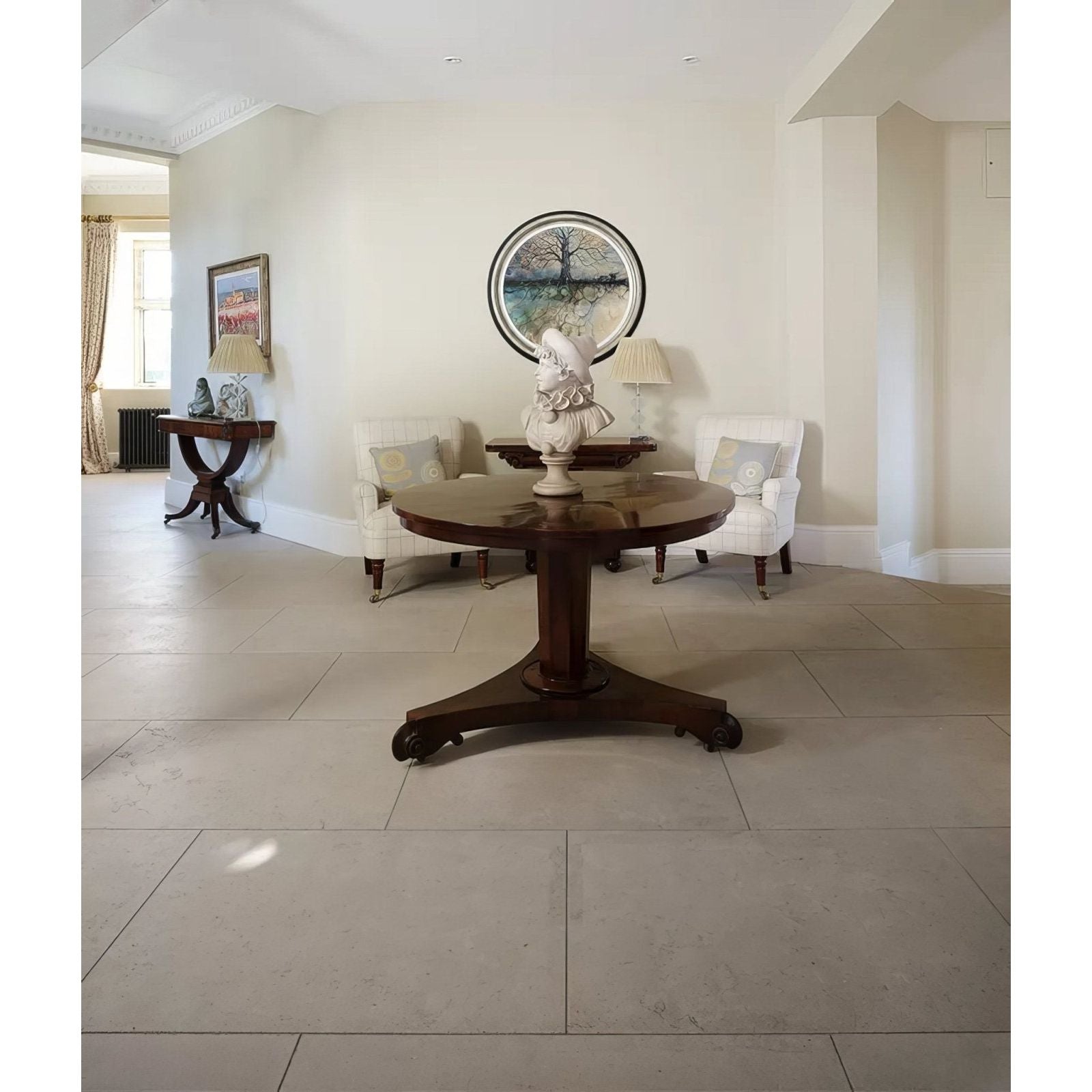 Wychwood limestone velvet finish dark wood pedestal table with polished finish and ornate carved feet