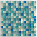Hammered pearl aqua glass mosaic tile panel with square glass pieces in blue teal and cream textured patterns