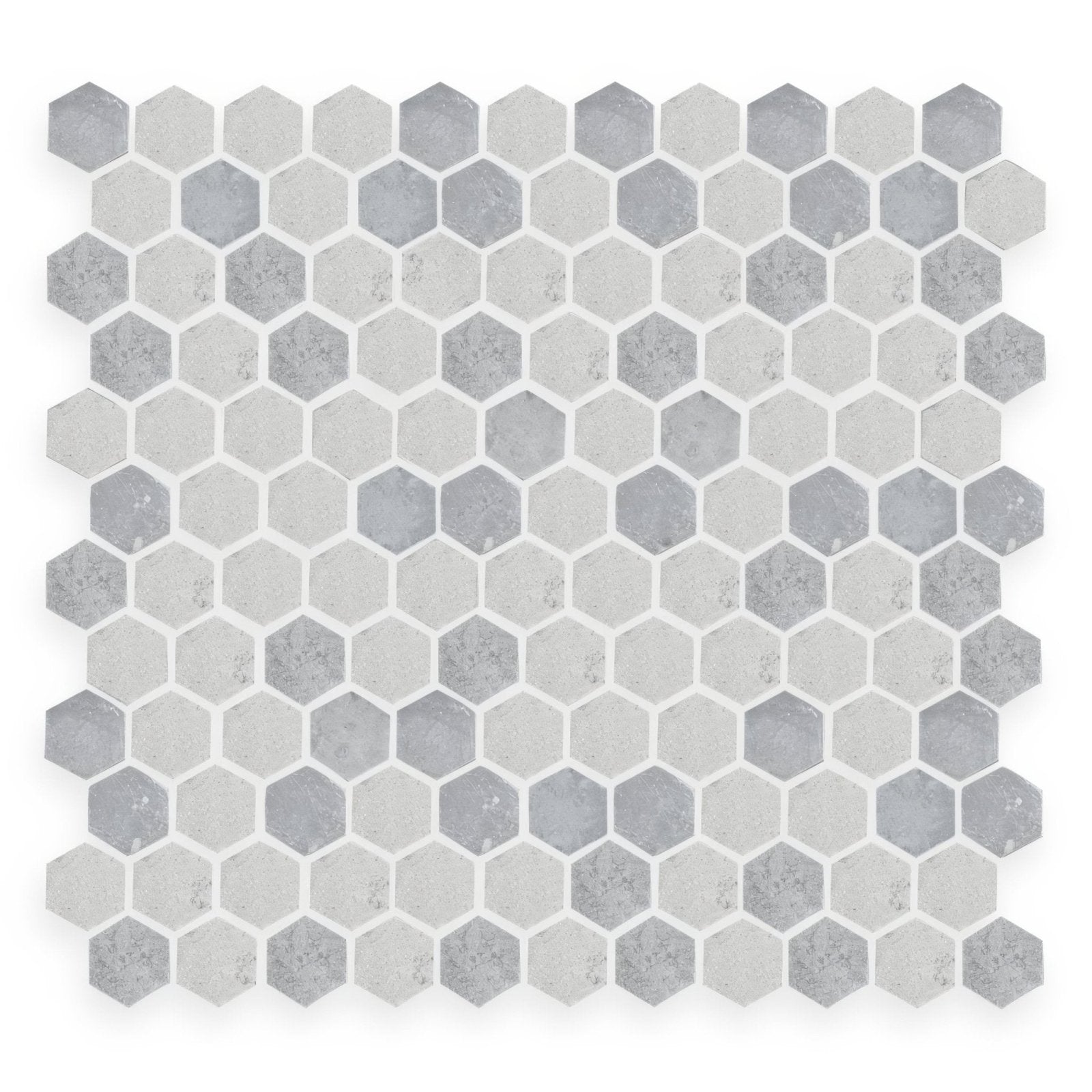 Hampton Bays hexagon mosaic tile in light and dark gray tones with subtle concrete texture for wall or floor use