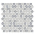 Hampton Bays hexagon mosaic tile in light and dark gray tones with a subtle concrete texture