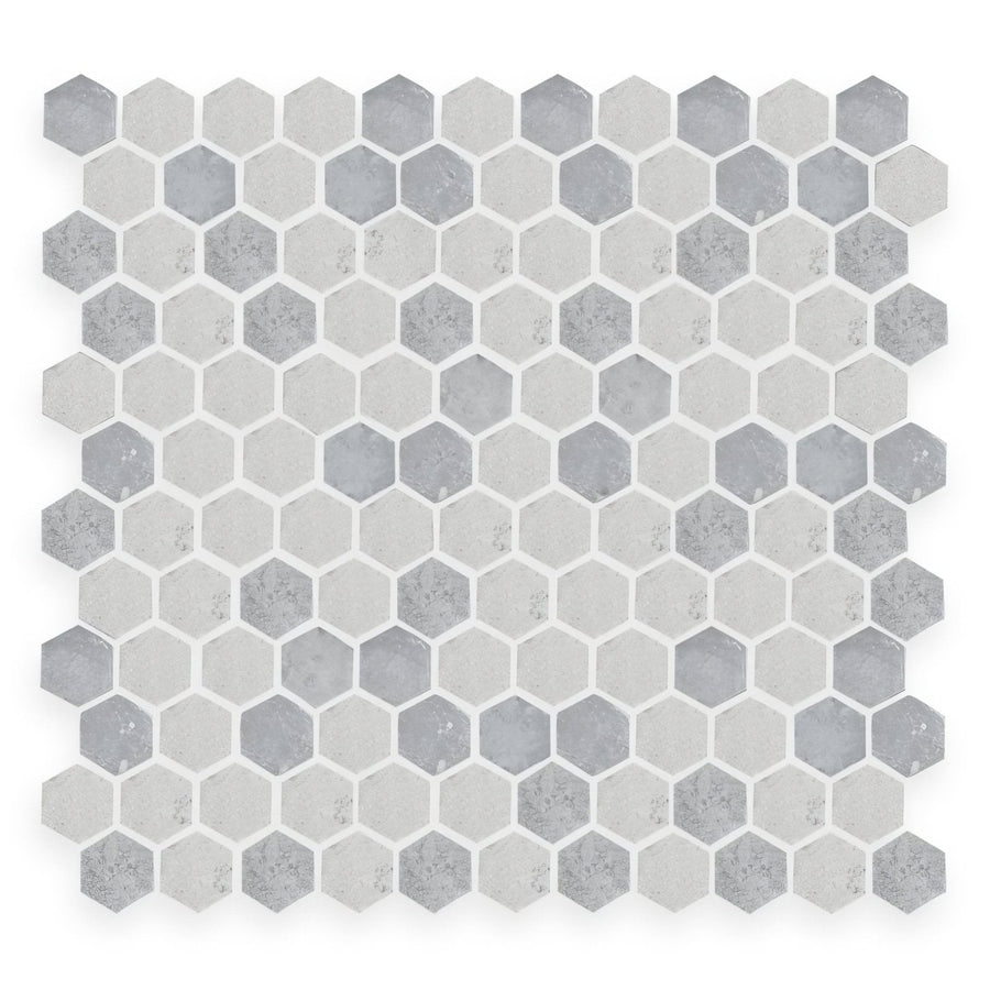 Hampton Bays hexagon mosaic tile in light and dark gray tones with a subtle concrete texture