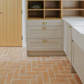 Beige kitchen cabinet with brass handles on handmade classic terracotta rectangle tile floor 10x30cm herringbone pattern