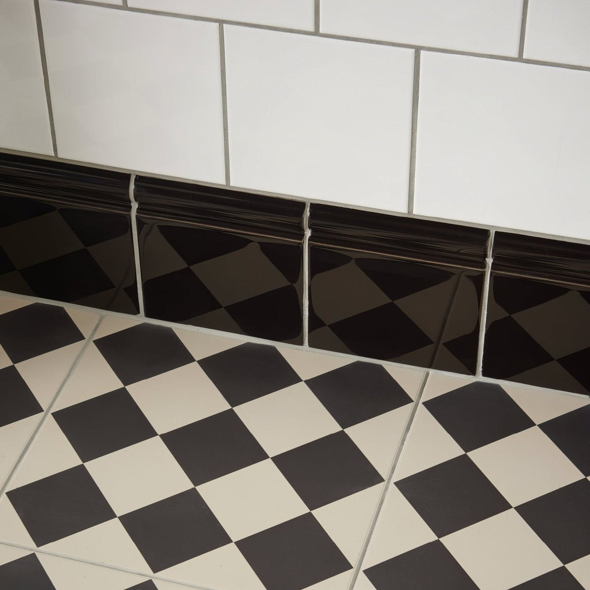 Black glossy diamond patterned tile trim from harlequin large black on chalk collection for decorative edging