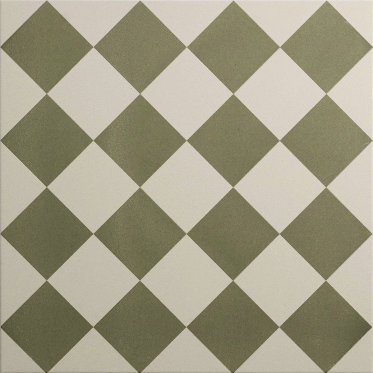 Olive green and off-white diamond patterned ceramic floor tile harlequin small green on chalk design