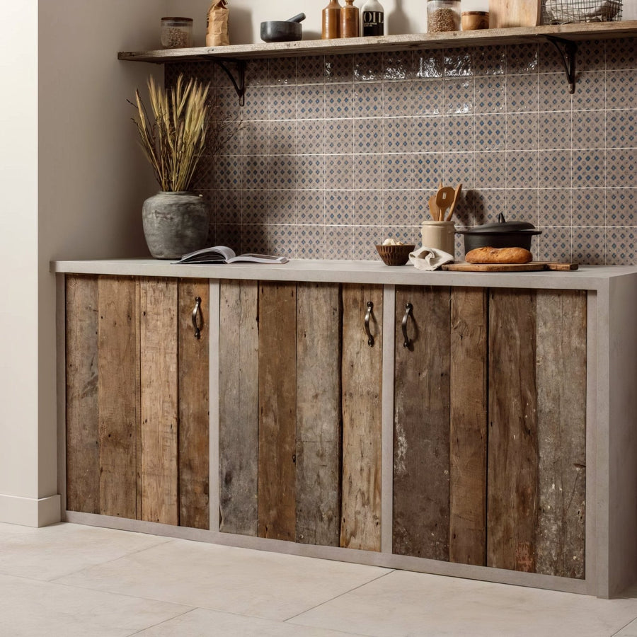 Hartland priory 900 x 600mm reclaimed wood cabinet with rustic weathered brown and gray panels and sleek white base