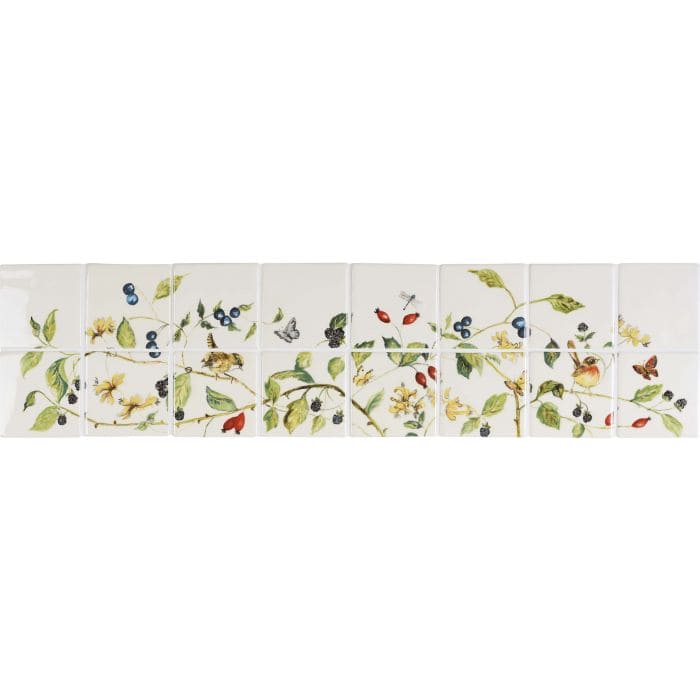 A ceramic hedgerow 16 tile set in colour on off white with botanical design featuring birds butterflies and berries