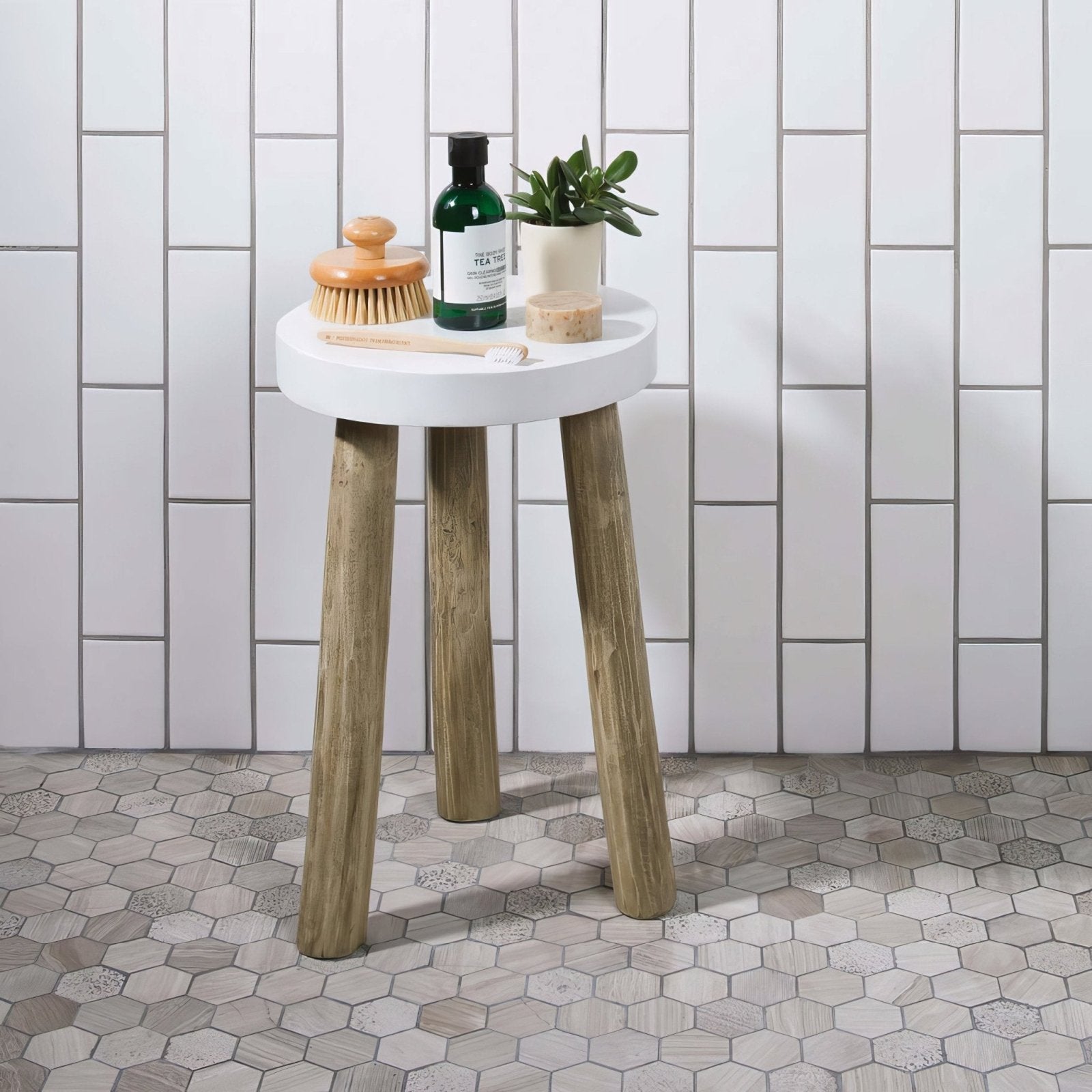 White round brick tile helmingham tabletop with three natural wood legs for modern living spaces
