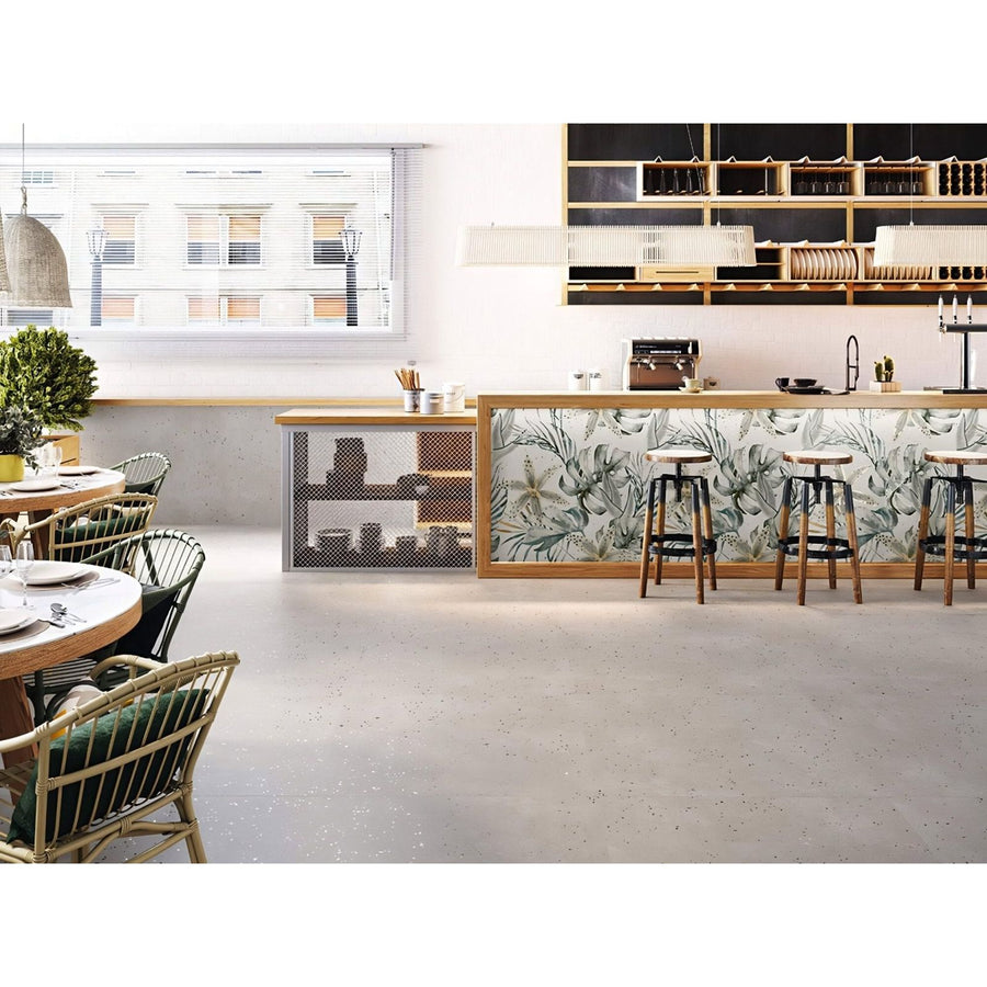 Helsinki 1841 Gris grey porcelain tiles with a botanical-wrapped wooden bar
