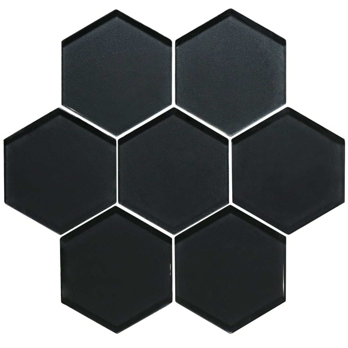 Hera metallic hexagon mosaics featuring black hexagonal glass tiles with glossy finish and white grout lines