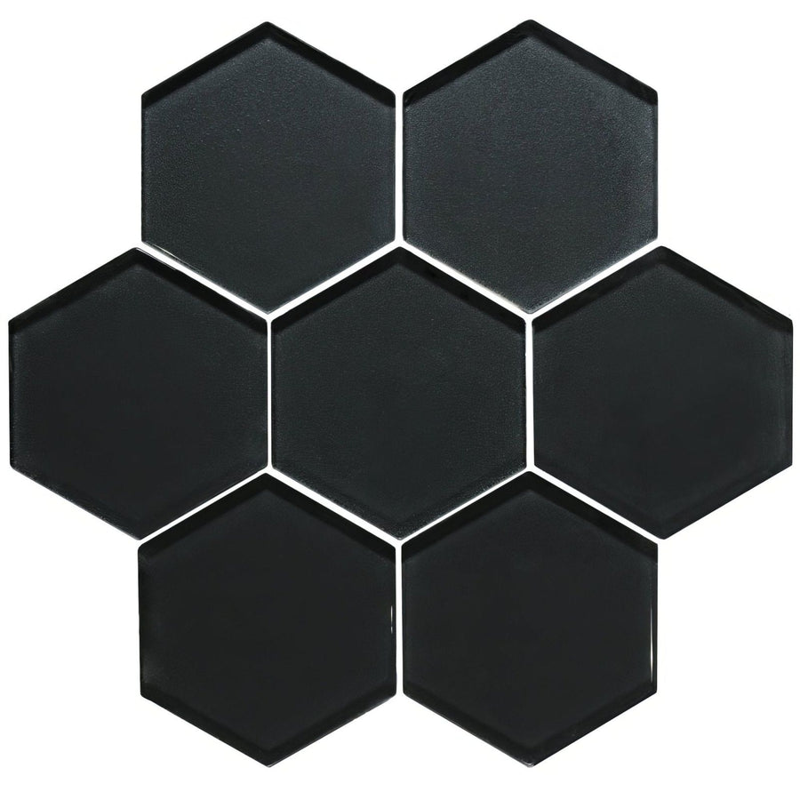 Hera metallic hexagon mosaics featuring black hexagonal glass tiles with glossy finish and white grout lines