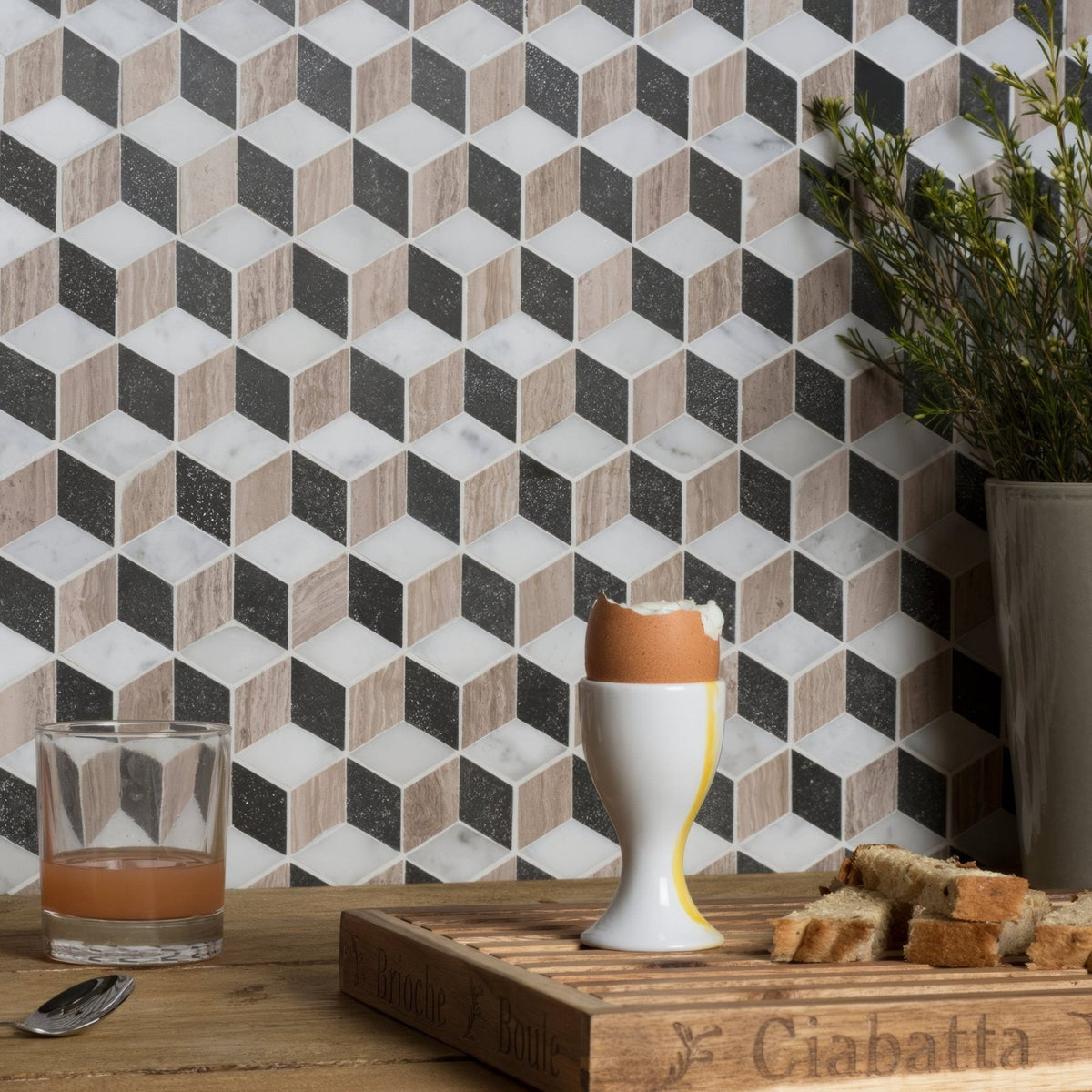 Herald Marble Mosaic black, white and beige 3D cube marble mosaic with a white egg cup