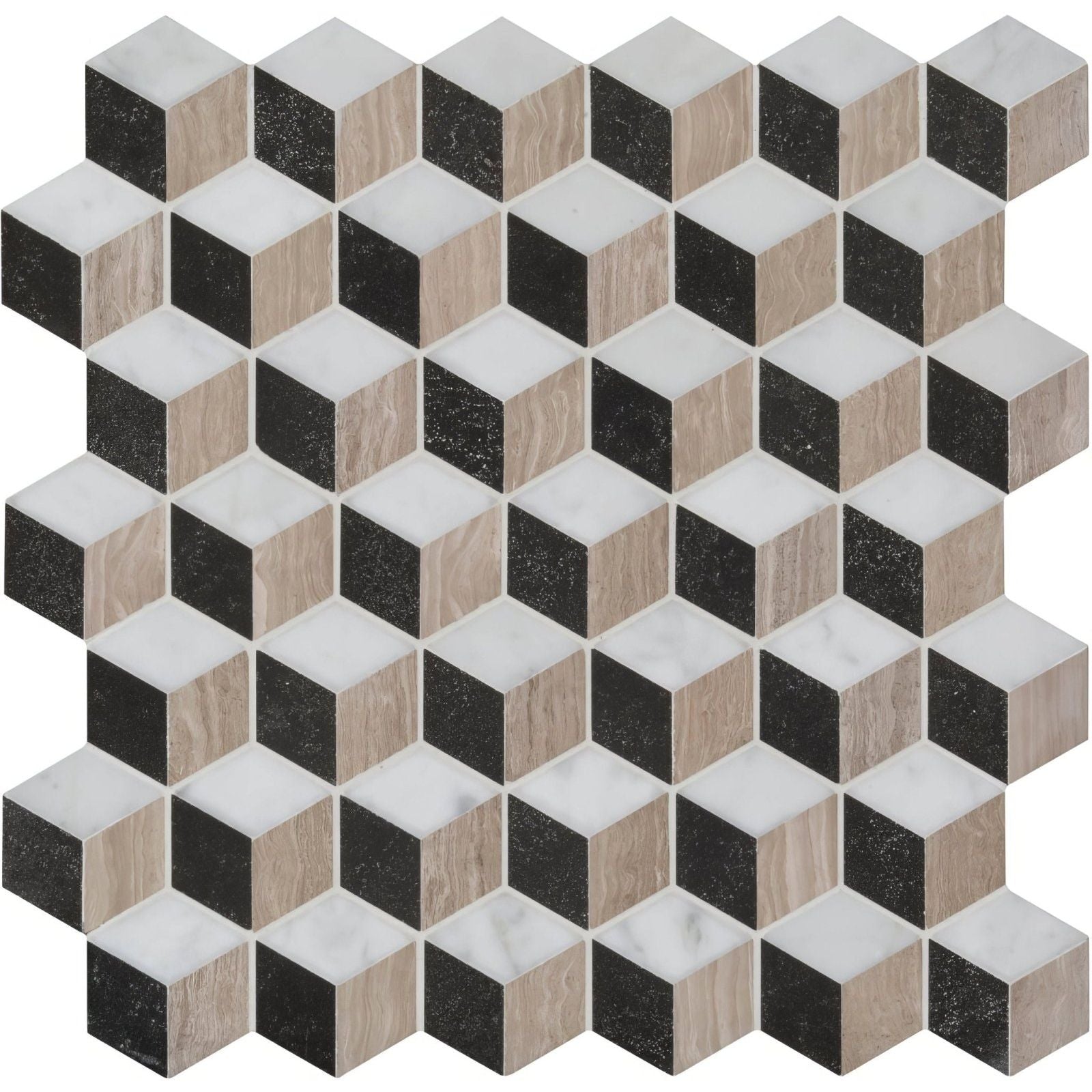 Herald marble mosaic tile featuring black white and beige marble with a 3d cube pattern design