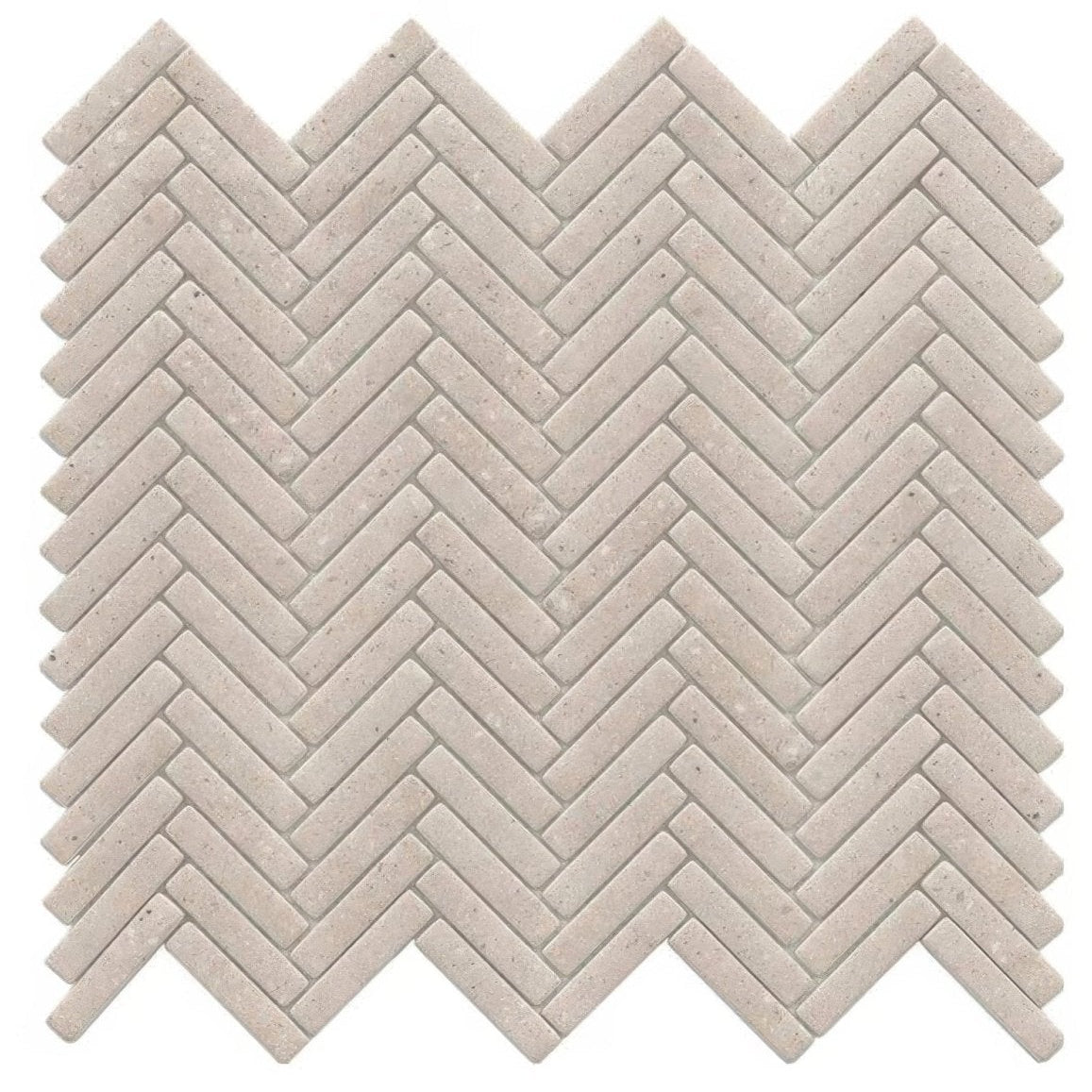 Beige stone mosaic tile with a herringbone pattern in the herringbone bottega caliza mosaic product