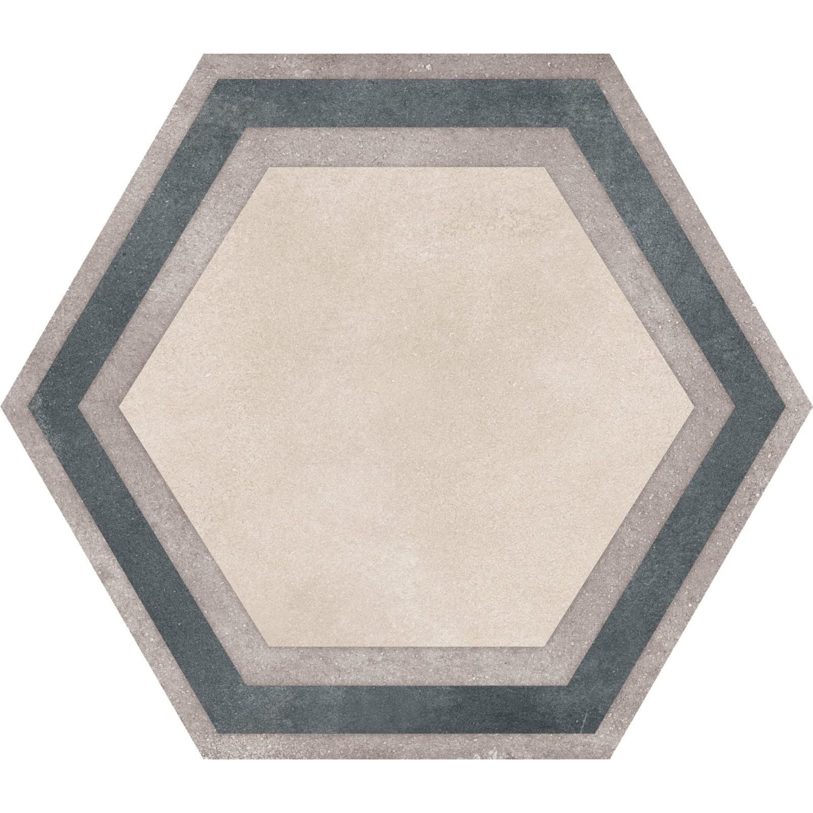Hexagon beige framed floor tile with a beige center and concentric gray and dark teal bands for interior flooring