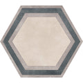 Hexagon beige framed floor tile with a beige center and concentric gray and dark teal bands for interior flooring