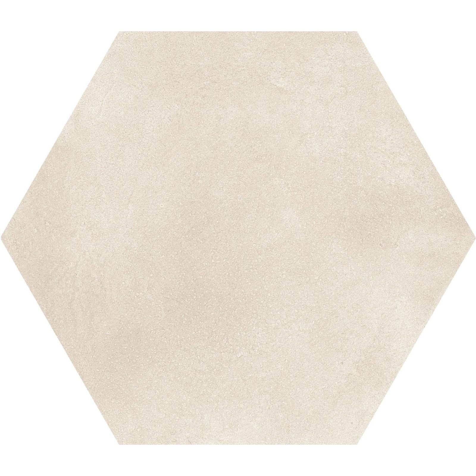 Beige hexagonal ceramic tile with a subtle textured surface perfect for flooring and wall applications