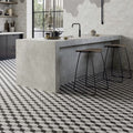 Hexagon black cube concrete kitchen island with matte gray finish and integrated sink for modern kitchens