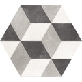 Hexagon black cube tile with geometric 3d cube pattern in gray and white textured concrete surfaces