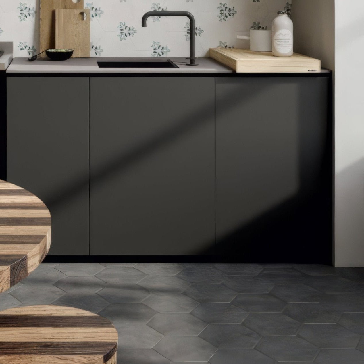 Modern matte black kitchen cabinets hexagon black plain with sleek minimalist design and integrated sink