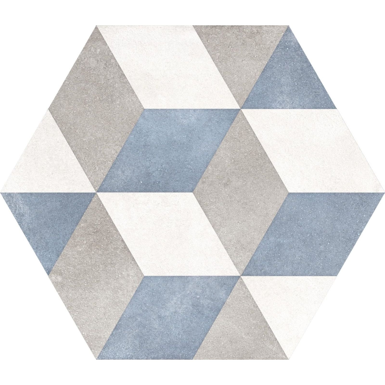 Hexagon blue cube tile with geometric interlocking triangle pattern in muted blue gray and white tones