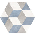 Hexagon blue cube tile with geometric interlocking triangle pattern in muted blue gray and white tones
