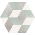 Hexagon green cube hexagonal tile with muted sage green gray and white geometric pattern creating depth illusion