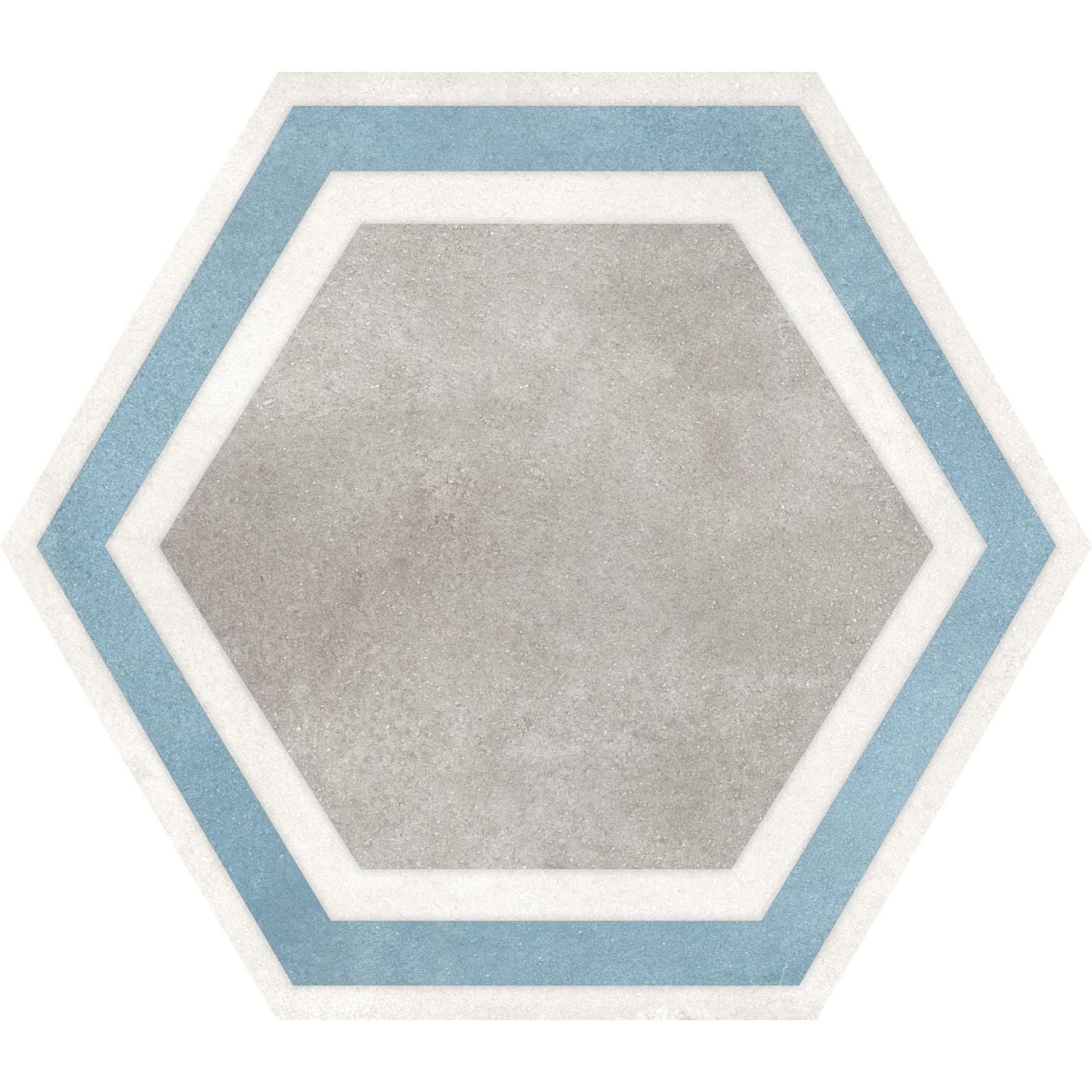 Hexagon grey framed tile with a textured gray center and alternating light blue and white hexagonal borders