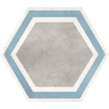 Hexagon grey framed tile with a textured gray center and alternating light blue and white hexagonal borders