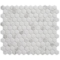 White hexagonal marble mosaic tile with subtle gray veining in a hexagon matt carrara white finish