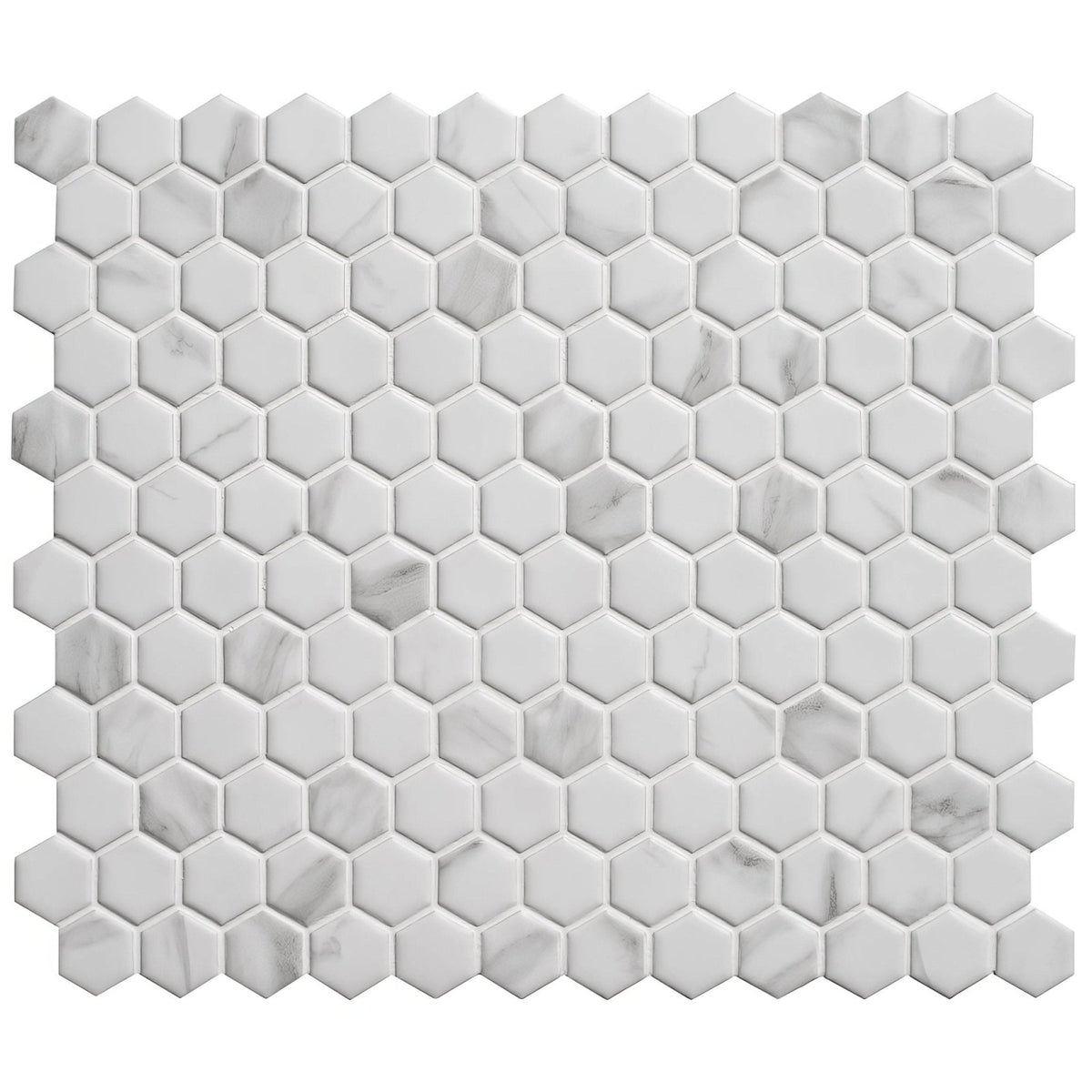 White hexagonal marble mosaic tile with subtle gray veining in a hexagon matt carrara white finish