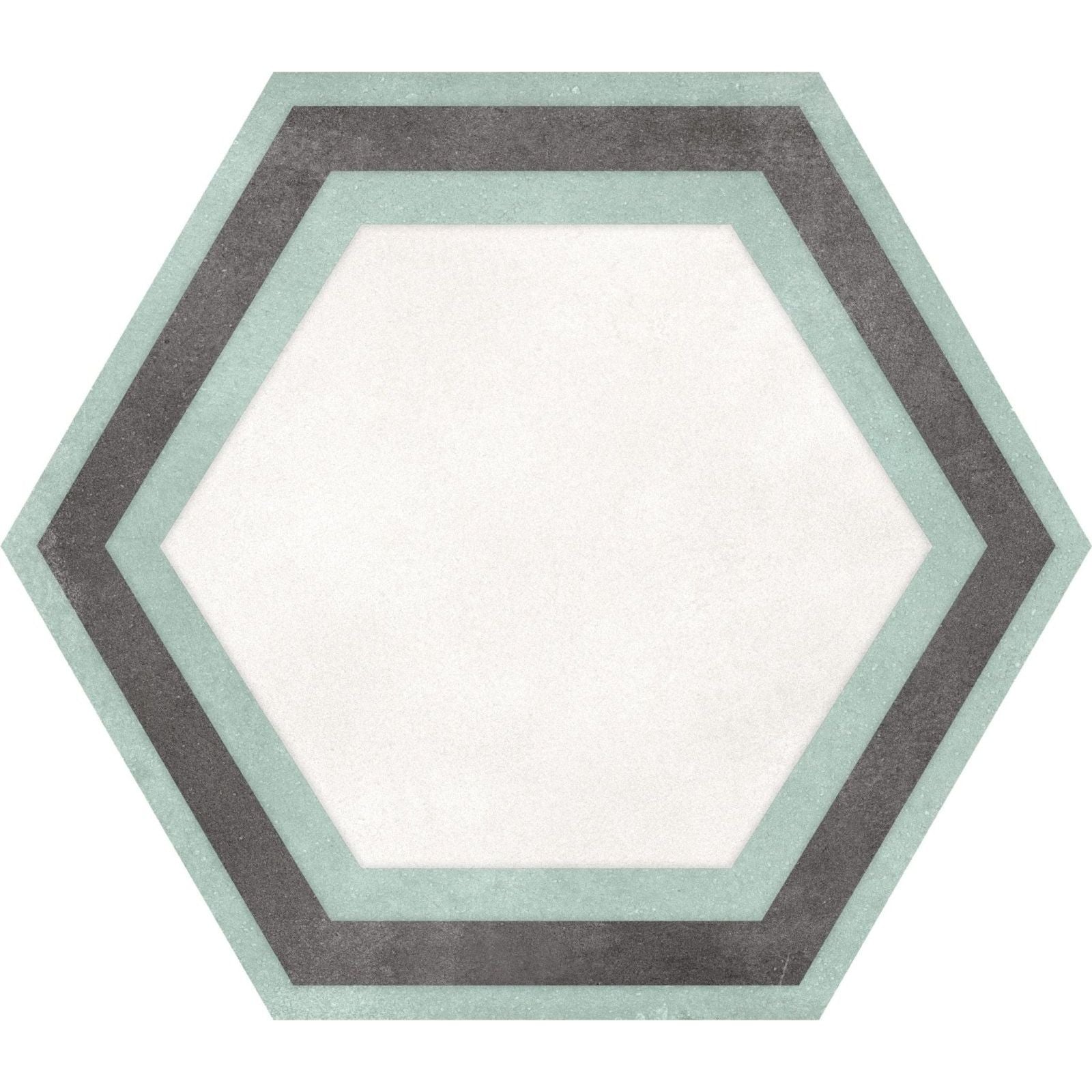 Hexagon white framed tile with a white center and alternating muted sage green and dark gray bands for wall or floor use