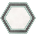 Hexagon white framed tile with a white center and alternating muted sage green and dark gray bands for wall or floor use