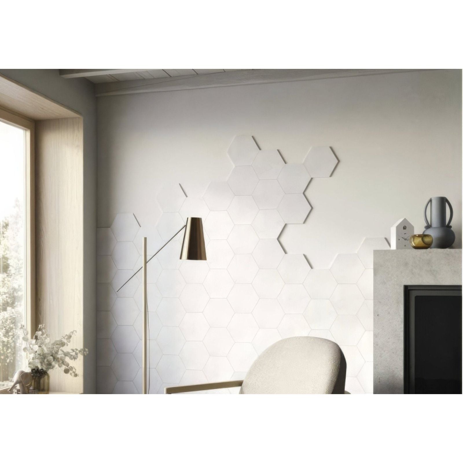 White hexagon plain wall tiles arranged in a modern geometric pattern for contemporary interior design