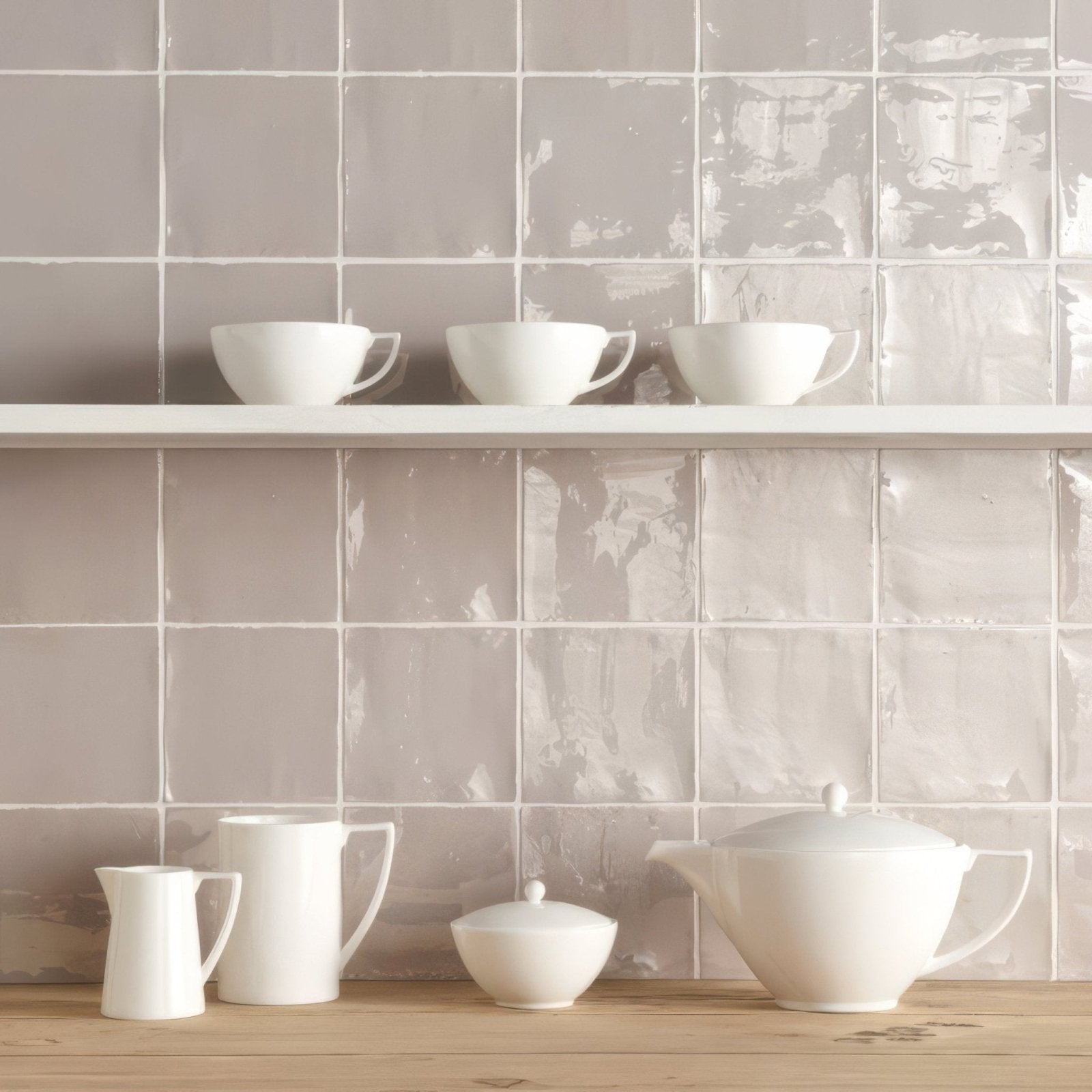 White ceramic teapot with rounded body lid and handle featured on hibiscus field tile background