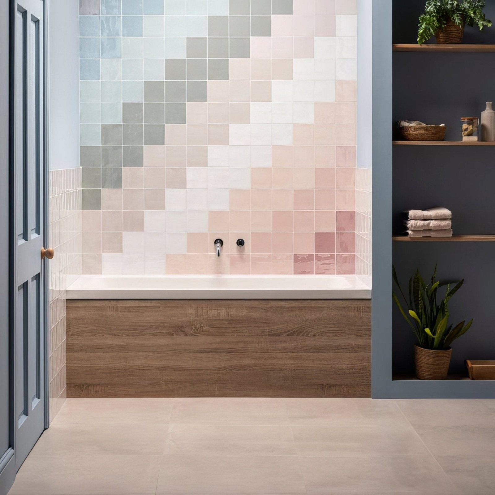 A modern bathroom wall with hibiscus field tile mosaic in pastel pink gray and white above a wooden bathtub