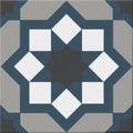 Hidra capri cold matt 20 x 20cm blue and white geometric patterned ceramic tile with central dark starburst design