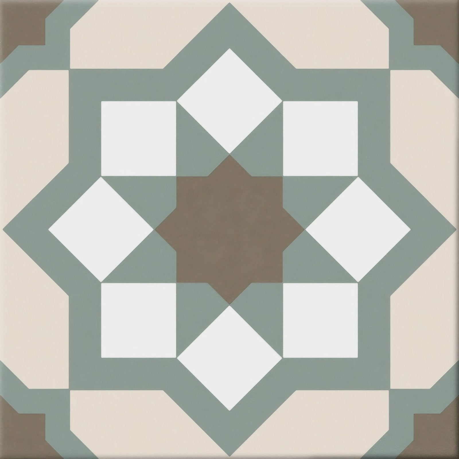 A square ceramic tile hidra capri warm matt 20x20cm with a muted beige gray and brown geometric star pattern
