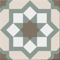 A square ceramic tile hidra capri warm matt 20x20cm with a muted beige gray and brown geometric star pattern