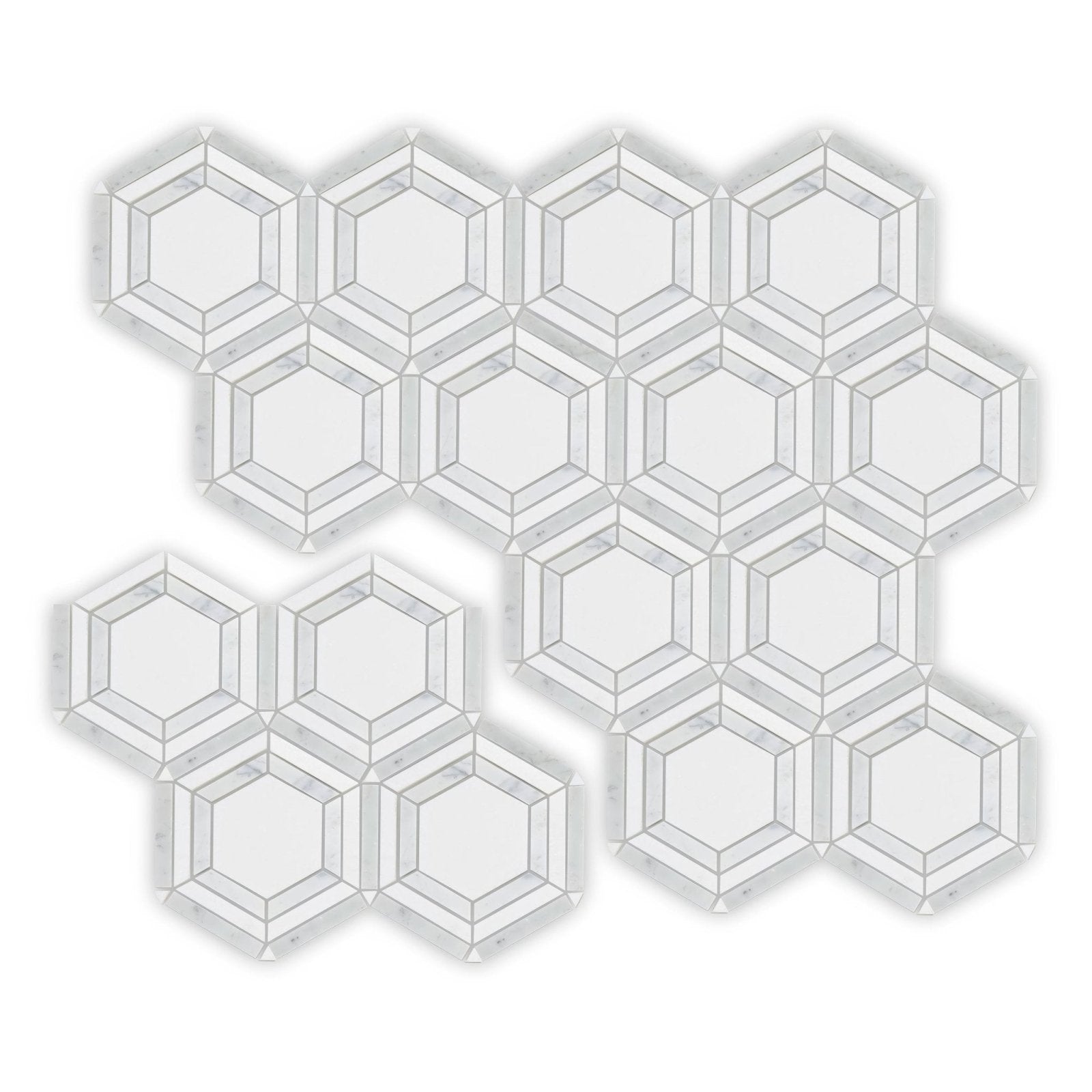 High Society Marble Rockefeller white marble hexagonal mosaic tiles in a geometric pattern