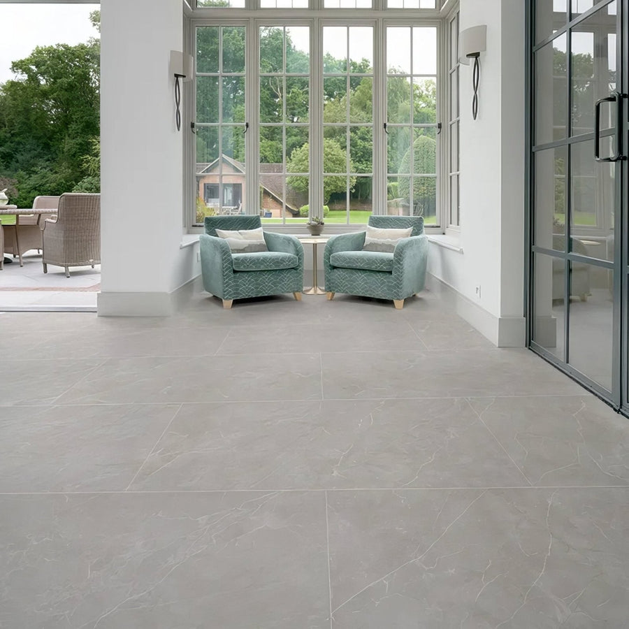 Gray marble-effect porcelain floor tiles with subtle veining holland park 120 x 60cm for indoor use