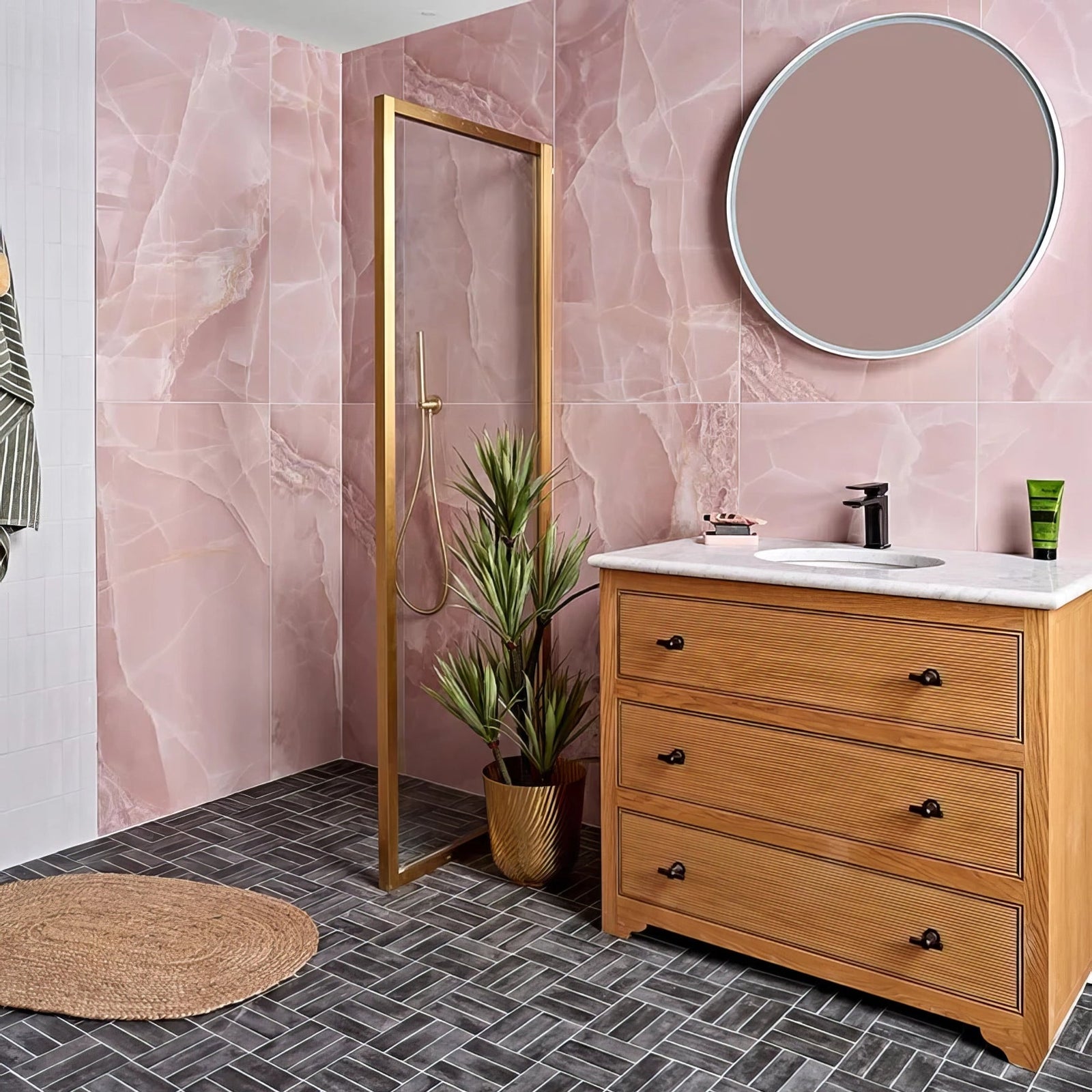 Hollywood Porcelain Rose Wall & Floor Tile 60x120cm in a bathroom setting