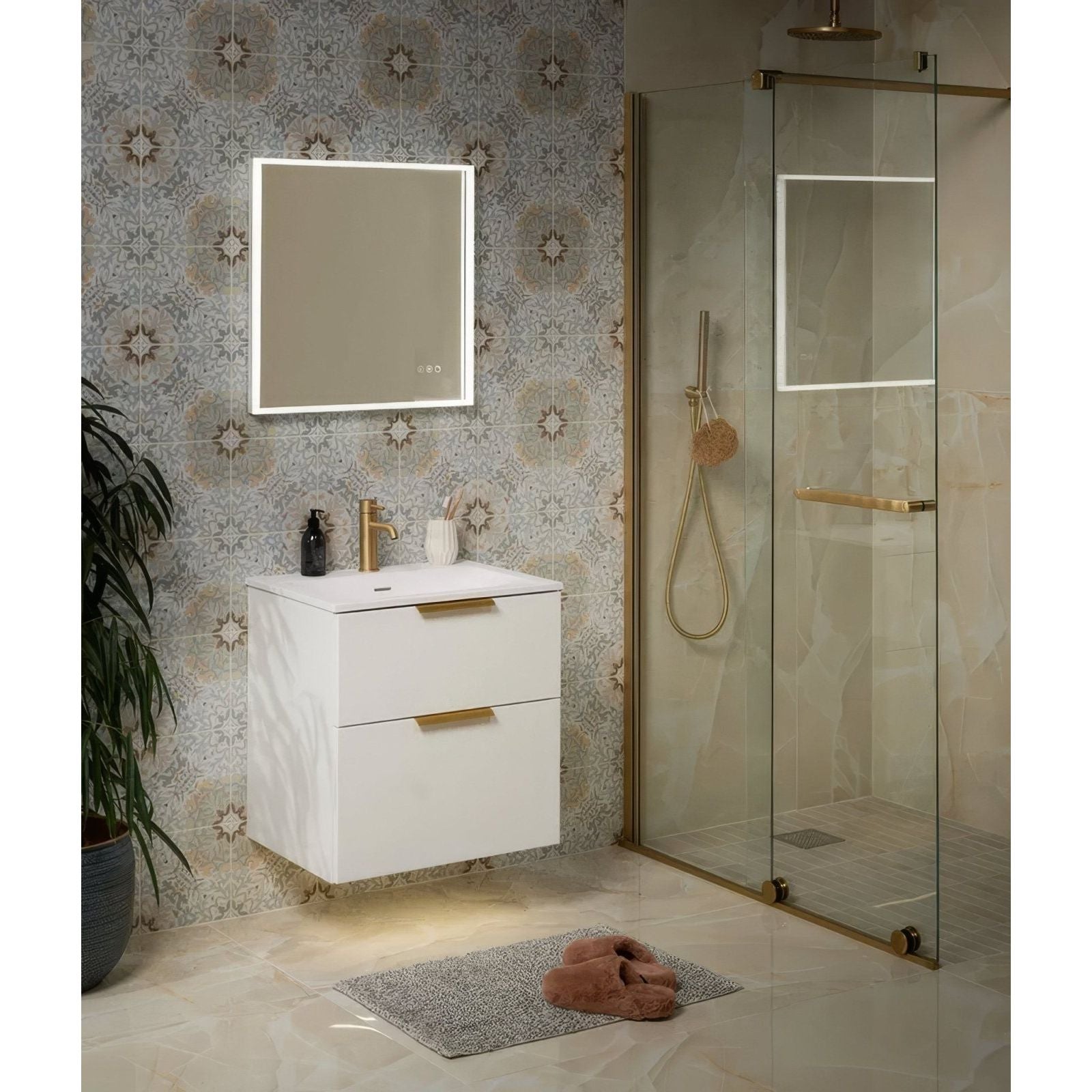 Hollywood Porcelain Sand cream marble-effect tiles with a wall-mounted vanity and illuminated mirror